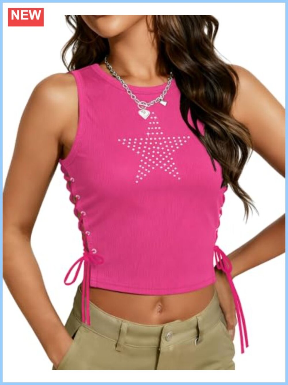 Y2K Sleeveless Lace Up Tank Top with Rhinestones and Star Design